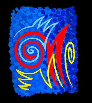 Modern abstract painting by Randall Street in blues, red and yellow