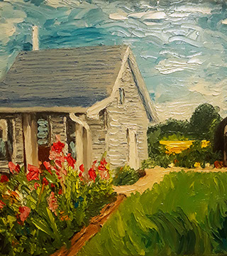 Modern oil painting on canvas of small cabin